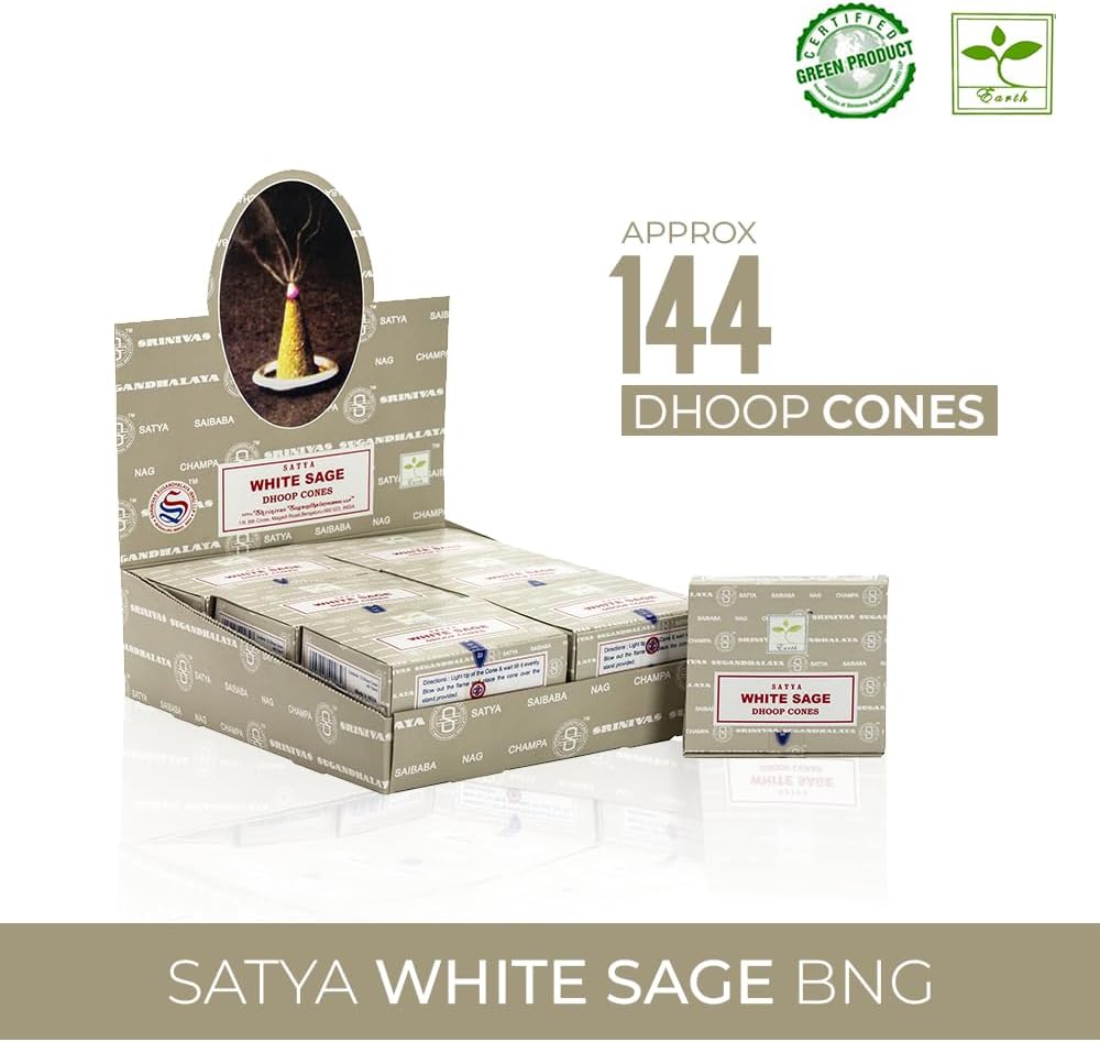 Satya Sai Baba White Sage Original Earth Marked Natural Masala Incense 144 Dhoop Cones in Pack of 12 Boxes | Best for Prayer, Meditation and Relaxation