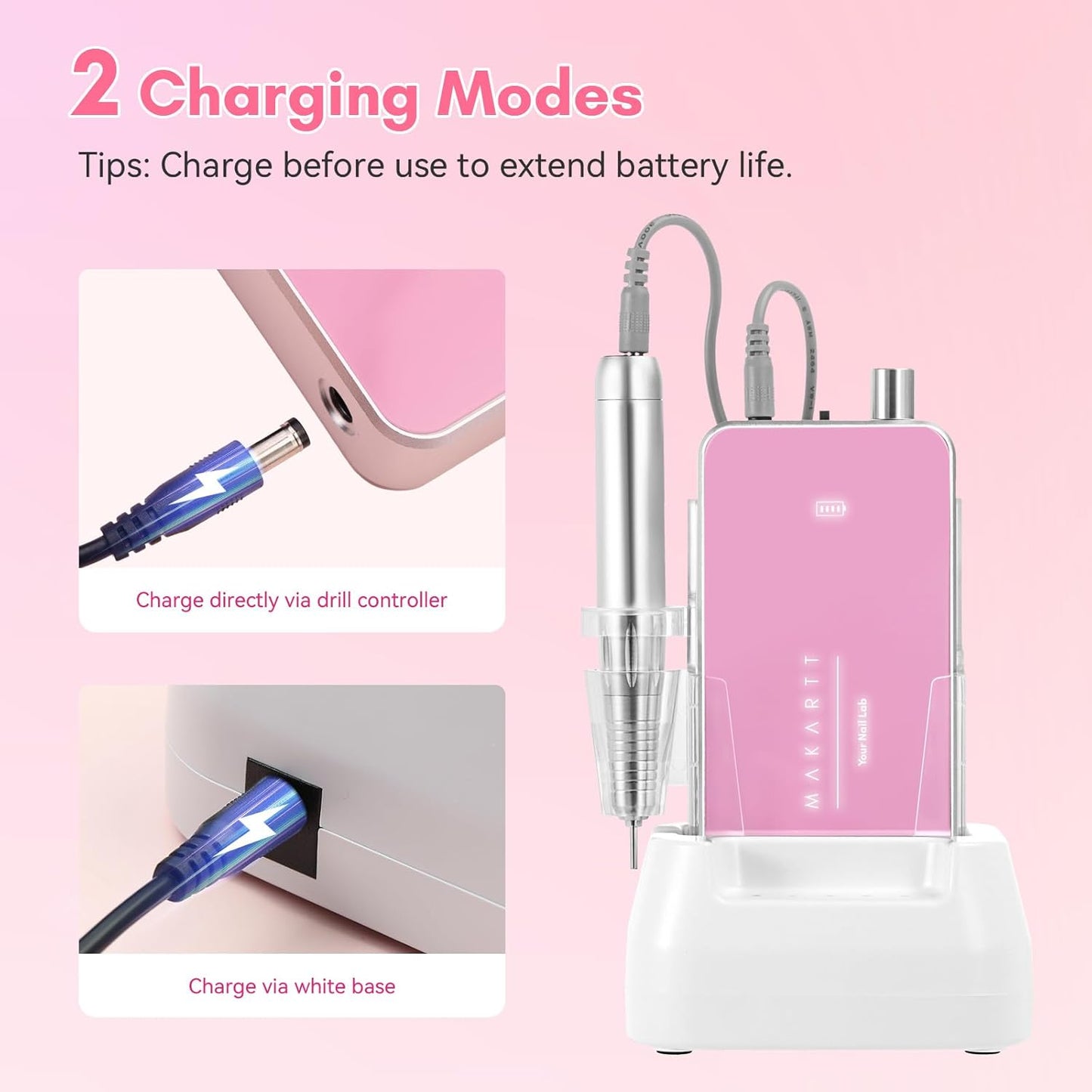 Makartt Nail Drill Professional: 60W 35000RPM Electric Nail File with Coreless Motor, 2 in 1 Desktop & Portable, Drill Bits and LCD Display for Acrylic Gel Nails, Nouvella Pink