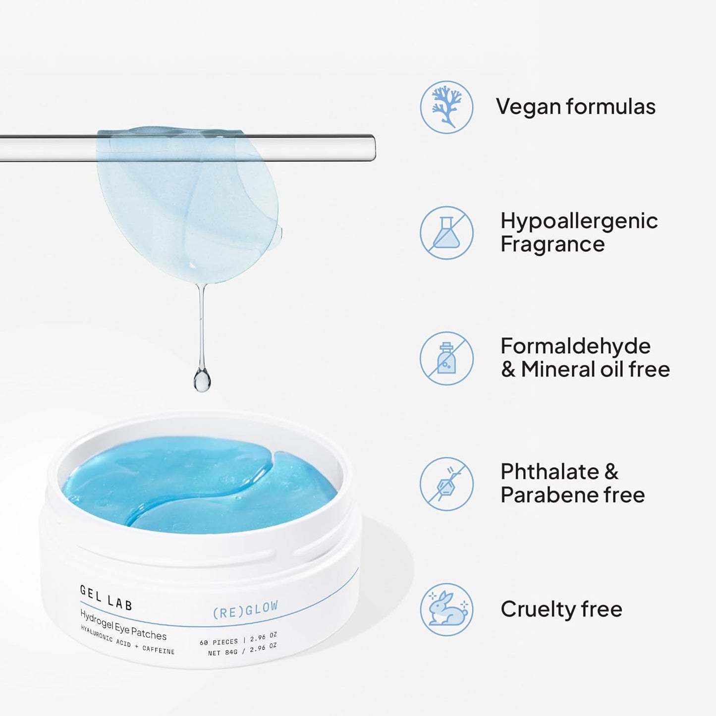REGLOW Hyaluronic Acid & Caffeine Korean Skincare Eye Patches for Puffy Eyes, Dark Circles, and Wrinkles - Hydrating Under Eye Mask - 60 Gel Patches