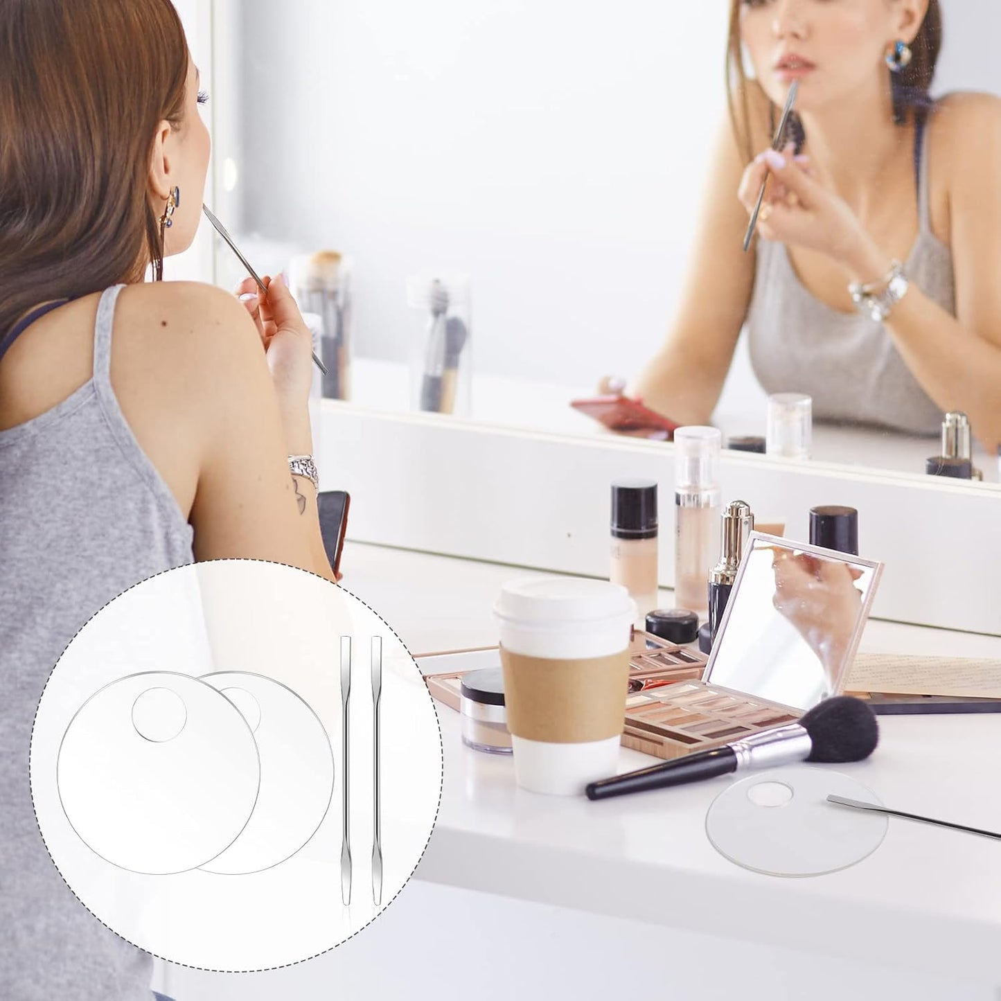 2PCS Acrylic Cosmetic Palette with 2PCS Spatula Tool,Makeup Palette Mixing Tray Apply for Foundation Eye Shadow Lipsticks Nail Art Professional Pigment Blending(Round)