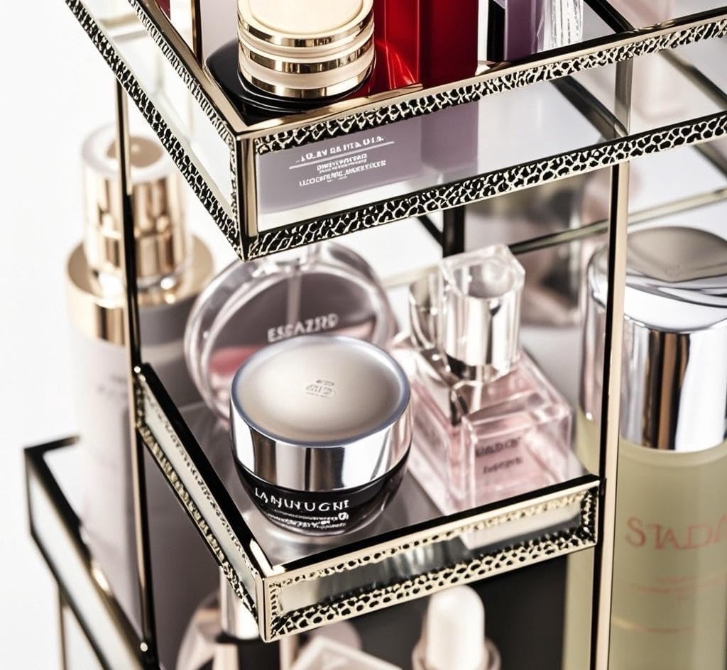 Vintage Glow Antique 360 Degree Rotating Makeup Organizer,4-Tier Spinning Perfume Tray,Countertop Cosmetic Storage,Glass Beauty Display,Retro Large Capacity Vanity Organizer for Brushes Skincare