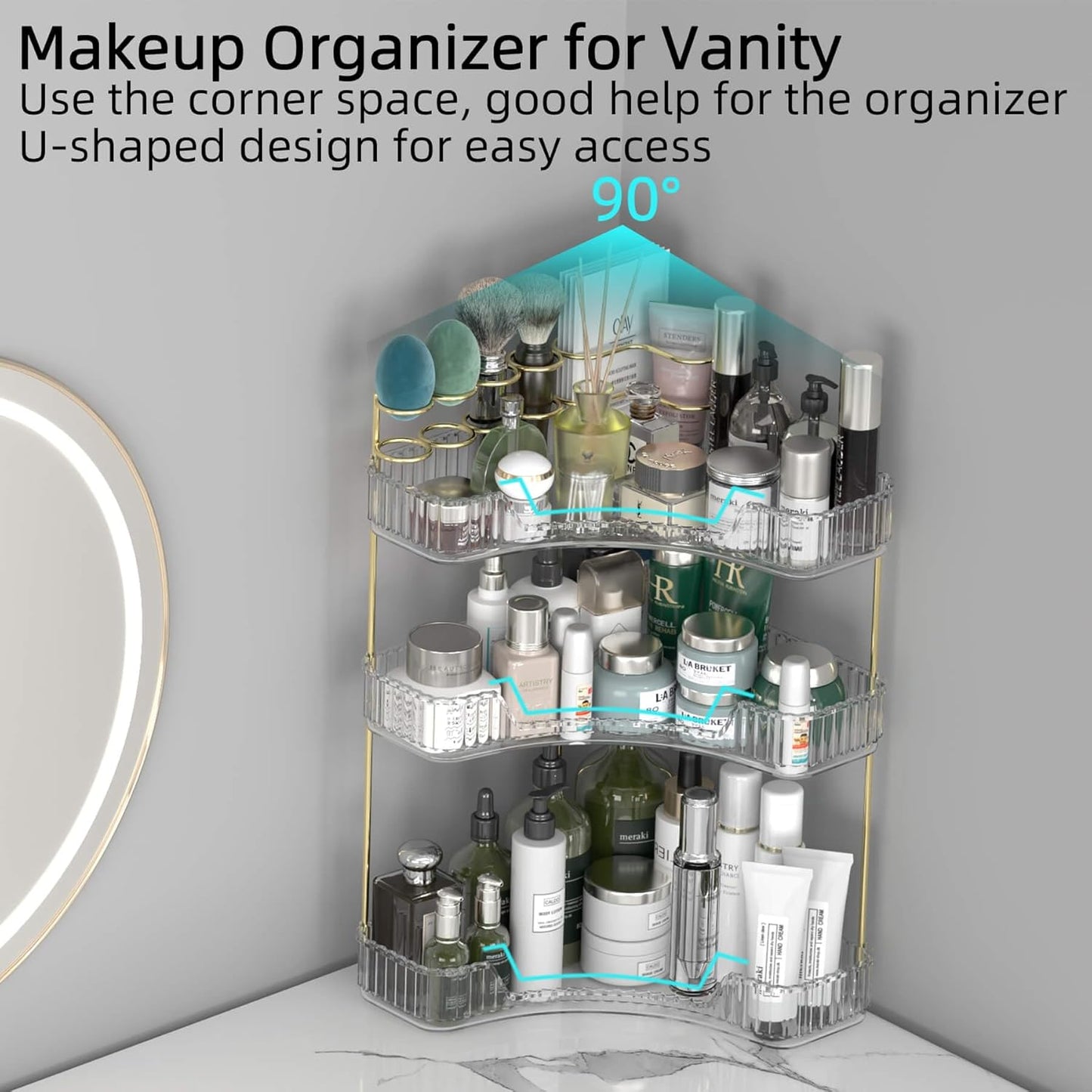 Makeup Organizer Countertop 3 Tier, Corner Bathroom Countertop Organizer with Toothbrush and Makeup Brush Holder, Corner Vanity Tray for Skincare Organization