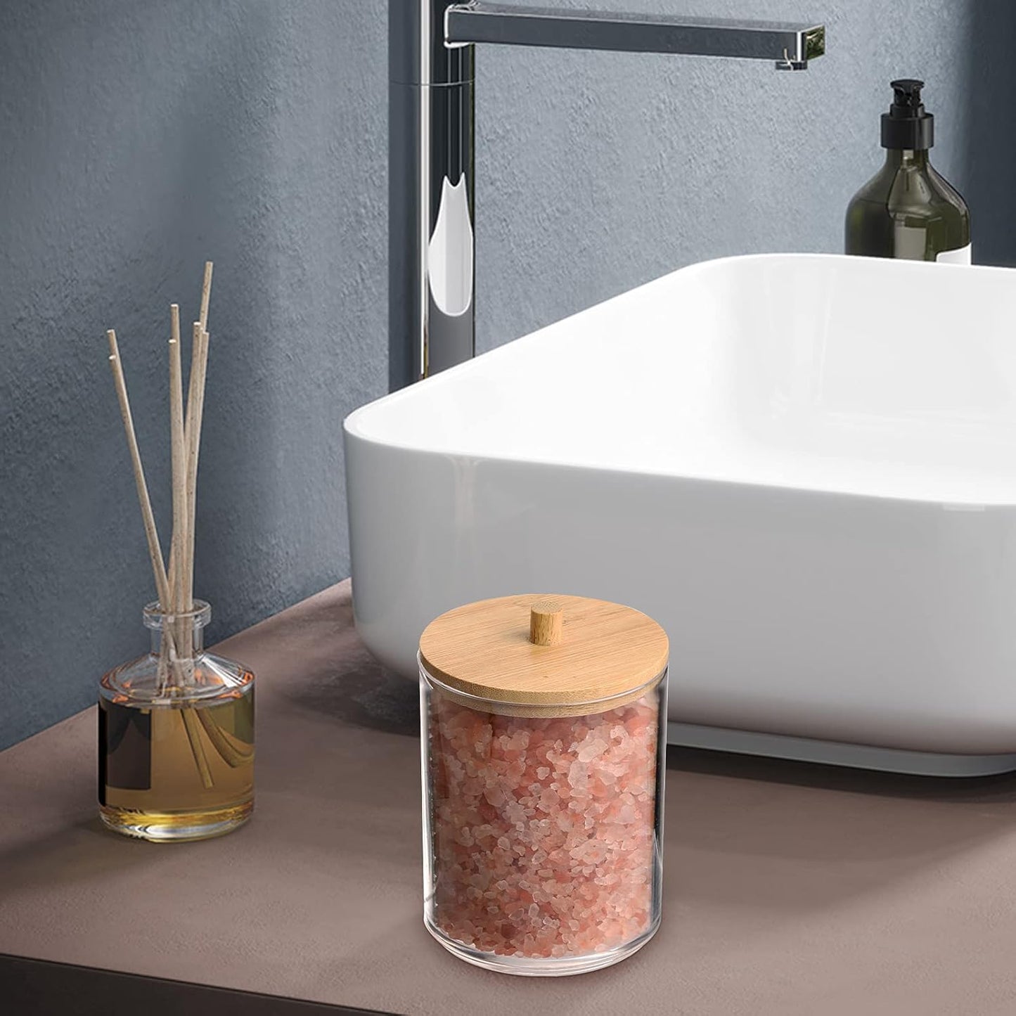 Tbestmax Qtips Holder Bathroom Container, 10/7 OZ Cotton Ball/Swabs Dispenser, Apothecary Jar Organizer for Storage Wood Lids