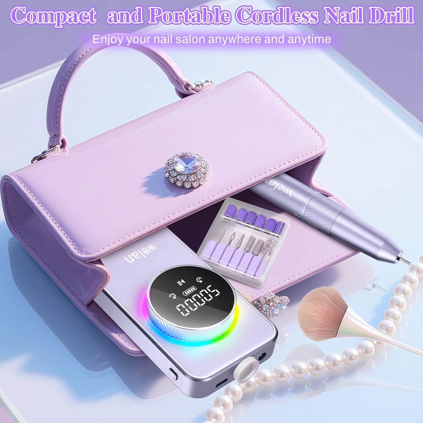 Electric Nail Drill Professional, 50000RPM Electric Nail File Portable Nail Drill Kit 6000mAh Rechargeable Machine for Acrylic Gel Nail, Manicure Pedicure Polishing Nail for Salon Home Purple