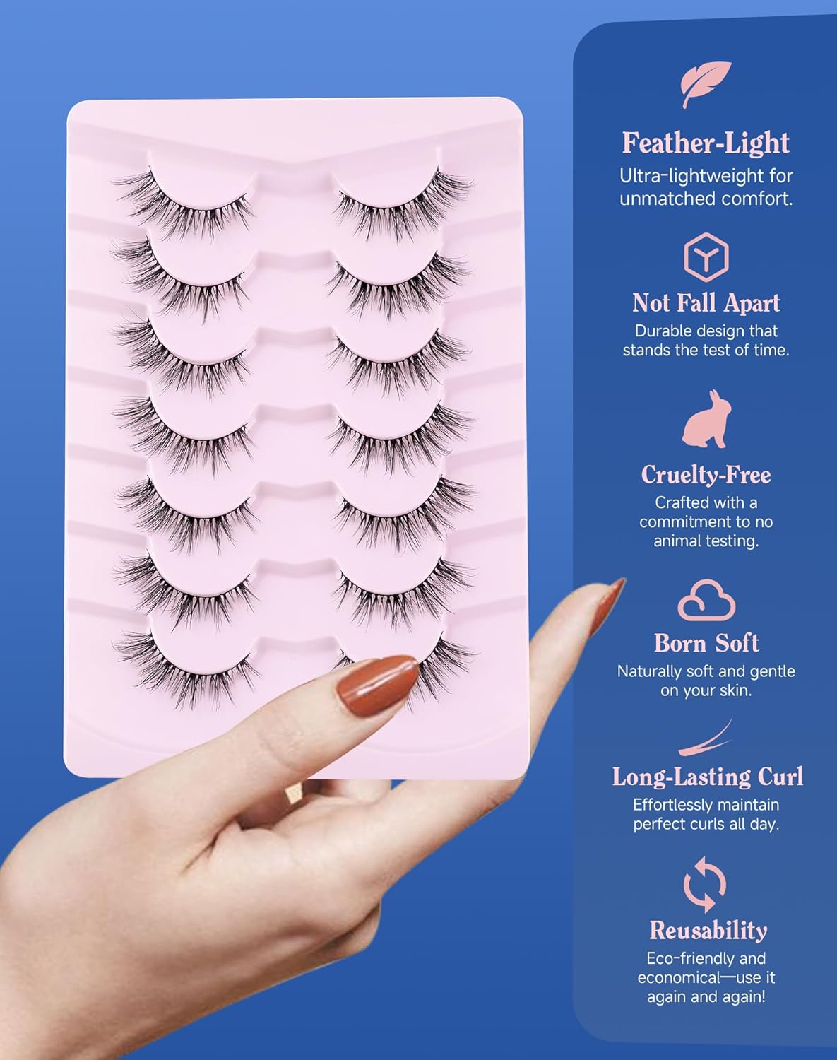 Lashes Volume False Eyelashes Wispy Natural Look Everyday Flared Strip EyeLash Fluffy Lash Long Soft Round-Eye Pack 16MM 7 Pairs D89