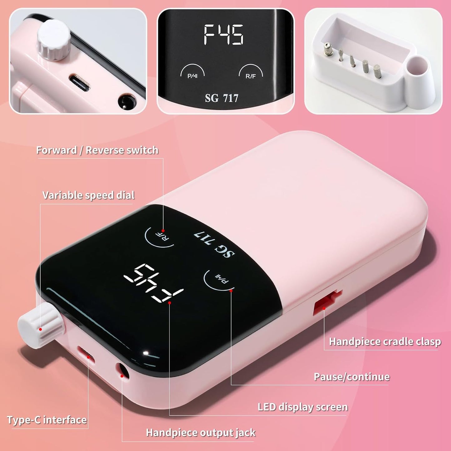 Professional Electric Nail Drill Machine,45000RPM Portable Rechargeable Efile Nail Drill Cordless,Electric Nail File Kit for Women (Pink)