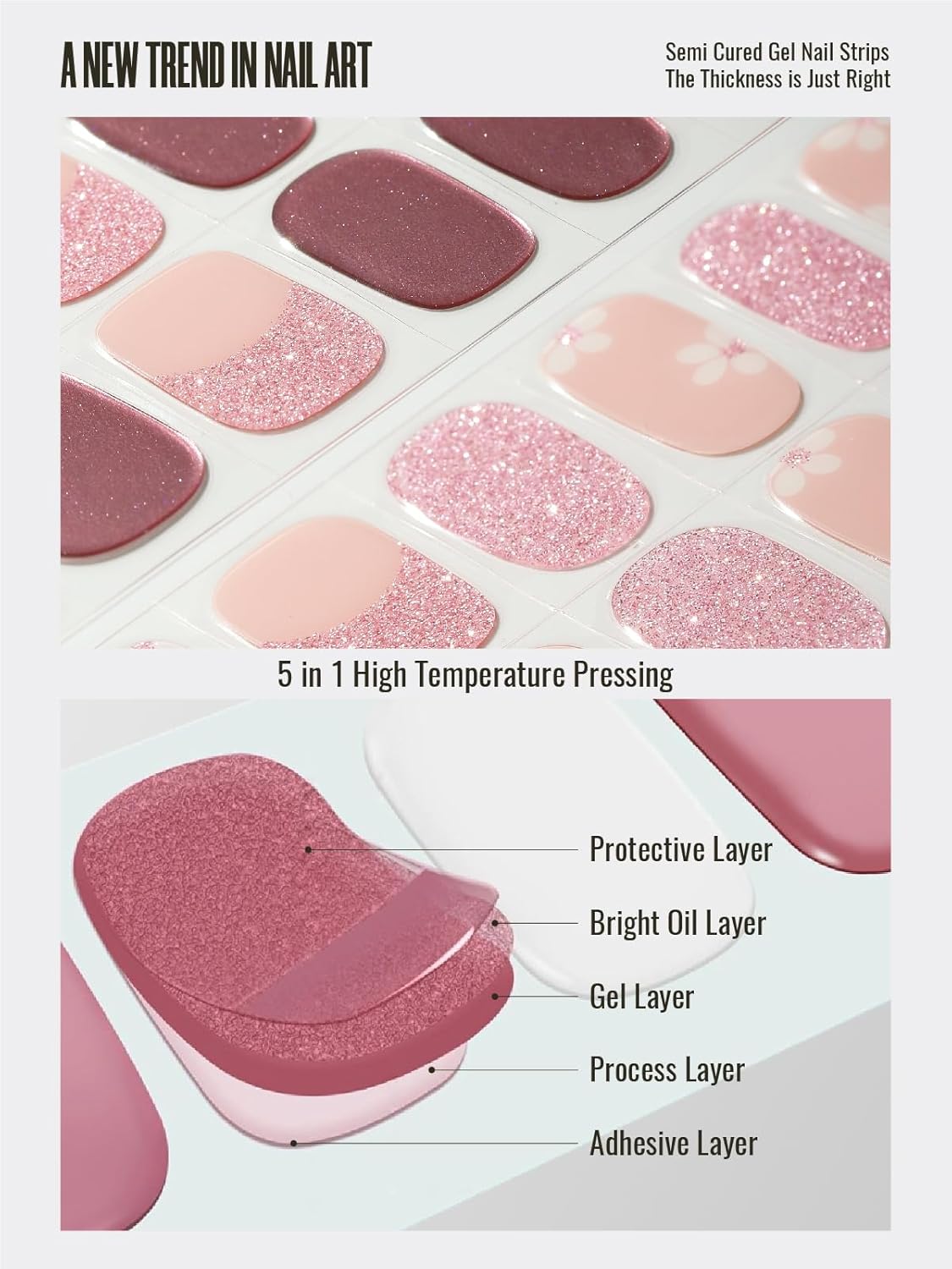 Semi Cured Gel Nail Strips, 30pcs Gel Nail Wraps, Salon-Quality, Easy to Apply, 2 Weeks Long Lasting (Shiny Rosy Radiance)