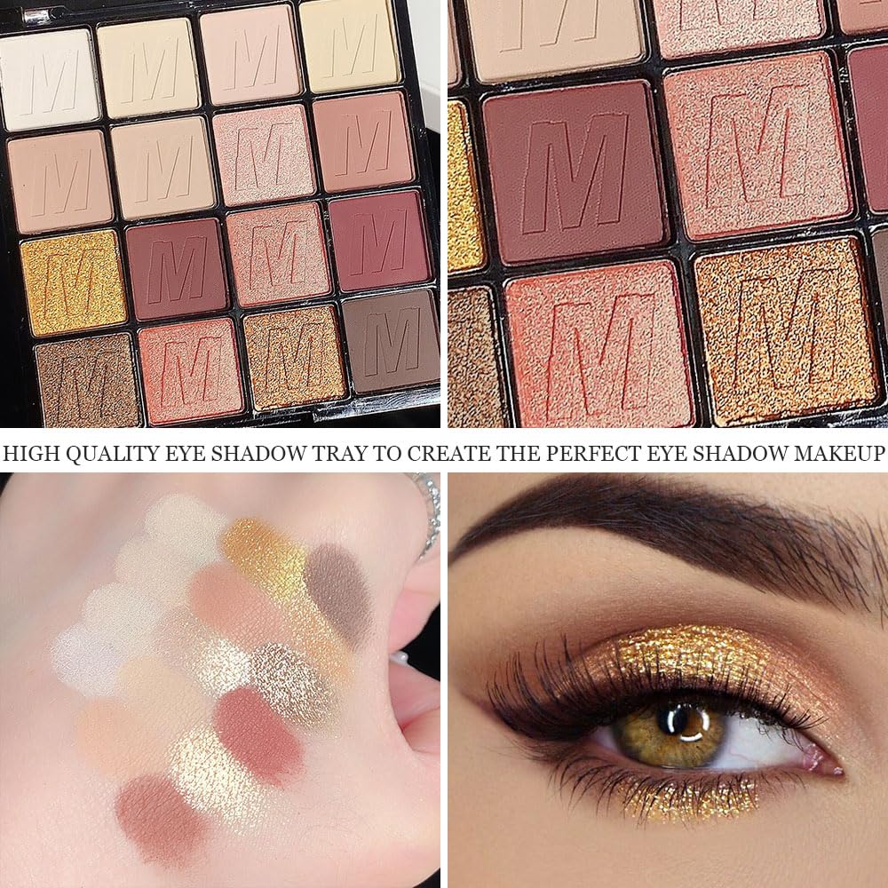 16 Colors Nude Champagne Gold Glitter Matte Shimmer Eyeshadow Palette for Eye Makeup,High Pigmented Brown Eye Shadow Primers Powder Palet de sombras de ojos