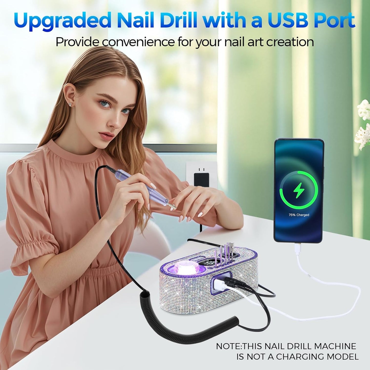 Nail Drill Electric File: DEDNMSCA Sparkly Professional Nail Drill Kit, 40000RPM E-file Machine with USB LED Light and 12 Drill Bits for Acrylic Nail Remove Gel Polish Manicure for Salon Home, Diamond