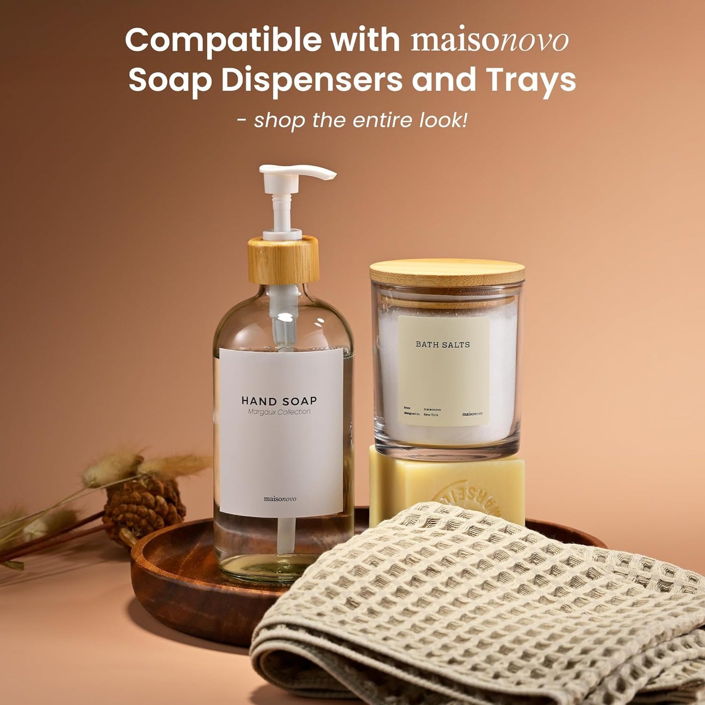 MaisoNovo Qtip Holder Bathroom Set – Airtight Q tip and Cotton Round Holder with Lid to Store Cotton Rounds, Swabs, Floss Picks, Hair Ties with Free Labels Pack - 2 Clear Jars with Bamboo Lids