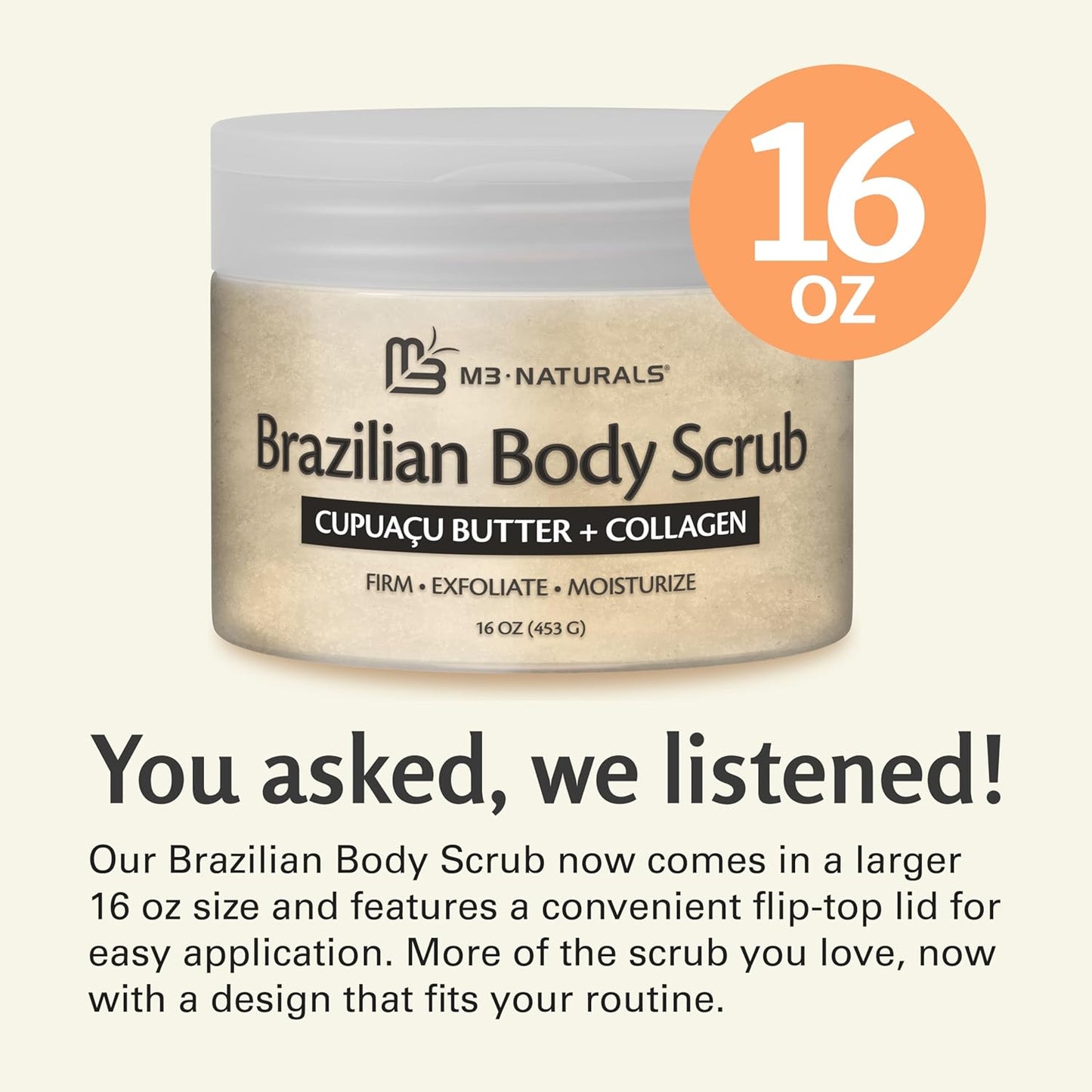 Firming & Moisturizing Brazilian Body Scrub, Gentle Body Exfoliator with Cupuacu Butter, Jojoba Oil & Collagen, 16 oz (453 g) by M3 Naturals