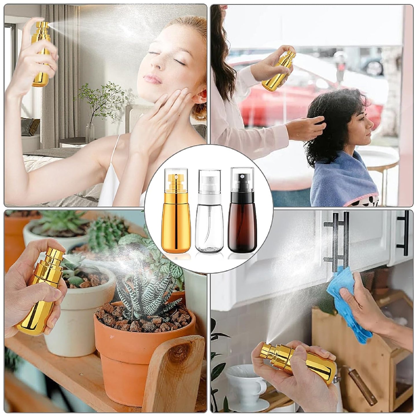 Cosywell Travel Spray Bottle TSA Approved 3 Pack 2oz 60ml Leak Proof Fine Mist Spray Bottle Empty Plastic Refillable Containers for Hair Perfume Toners Rose Water Cosmetics(Brown+Clear+Glod)