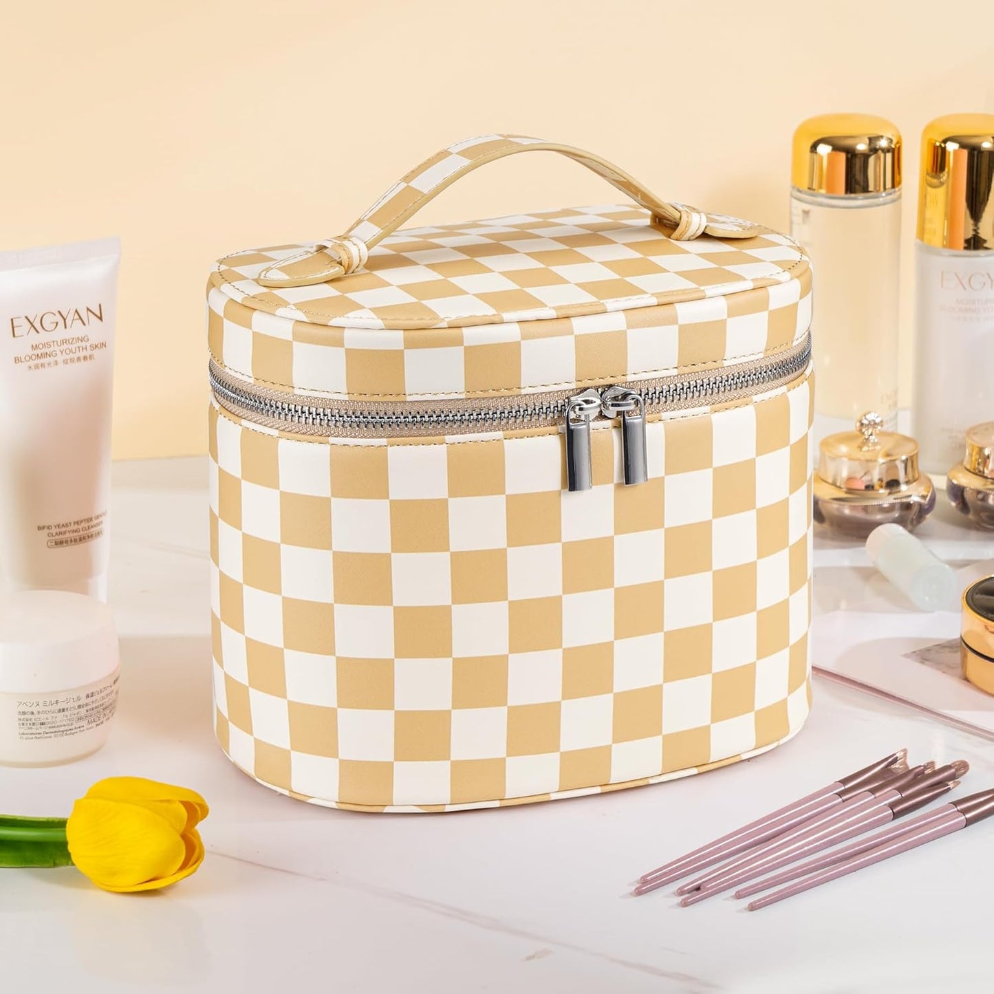 Makeup Bag Vanity Case Cosmetic Bag with Removable Divider Travel Toiletry Bag for Women Portable Make up Box Organizer, Beige and White