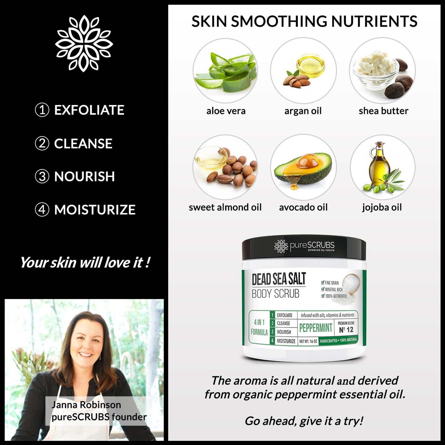 pureSCRUBS Premium Sea Salt Body Scrub Set - Large 16oz Peppermint Scrub With Infused Essential Oils & Nutrients, Includes Wooden Spoon, Loofah & Oatmeal Exfoliating Bar Soap