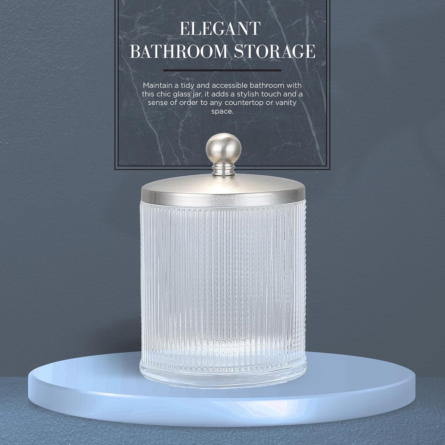 Glass Jar with Metal Lid for Bathroom Organization, Clear Apothecary Jar for Cotton Balls, Q Tips, and Small Accessories, Stylish Bathroom Storage Container Nickel, Clear