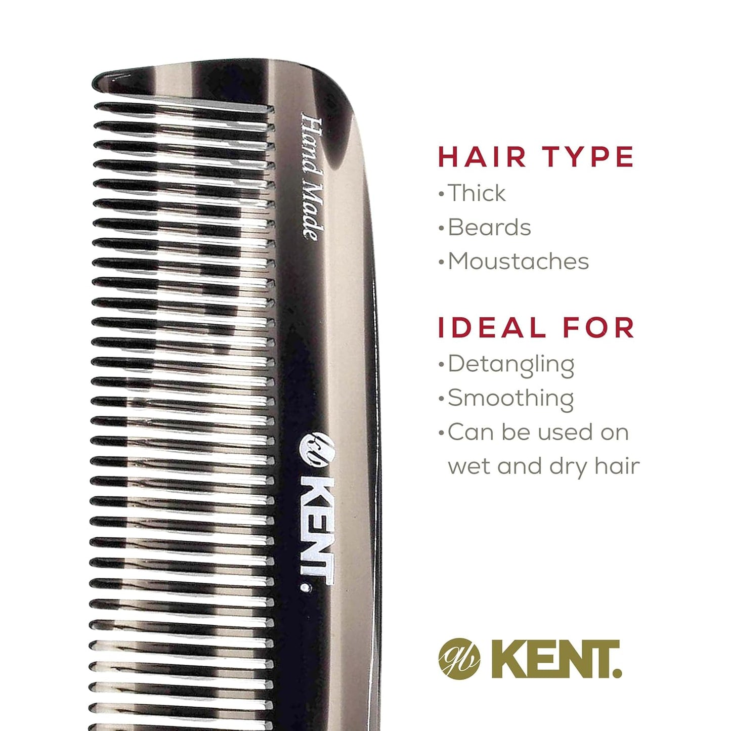 Kent 12T G Wide Tooth Detangling Comb - Handmade Pocket Comb for Thick, Curly, Wavy Hair - Large Tooth Hair and Beard Grooming Comb, Saw-Cut and Hand Polished