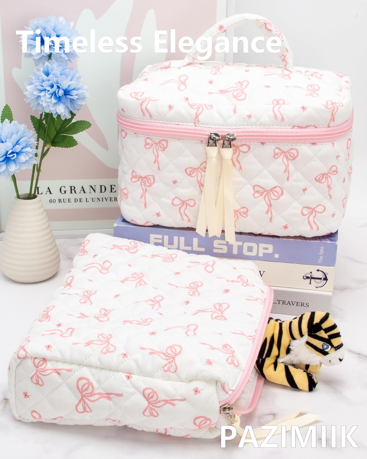 Quilted Makeup Bag Large Travel Zipper Soft Cosmetic Pouch for Women Girls Make Up,Bow Pink