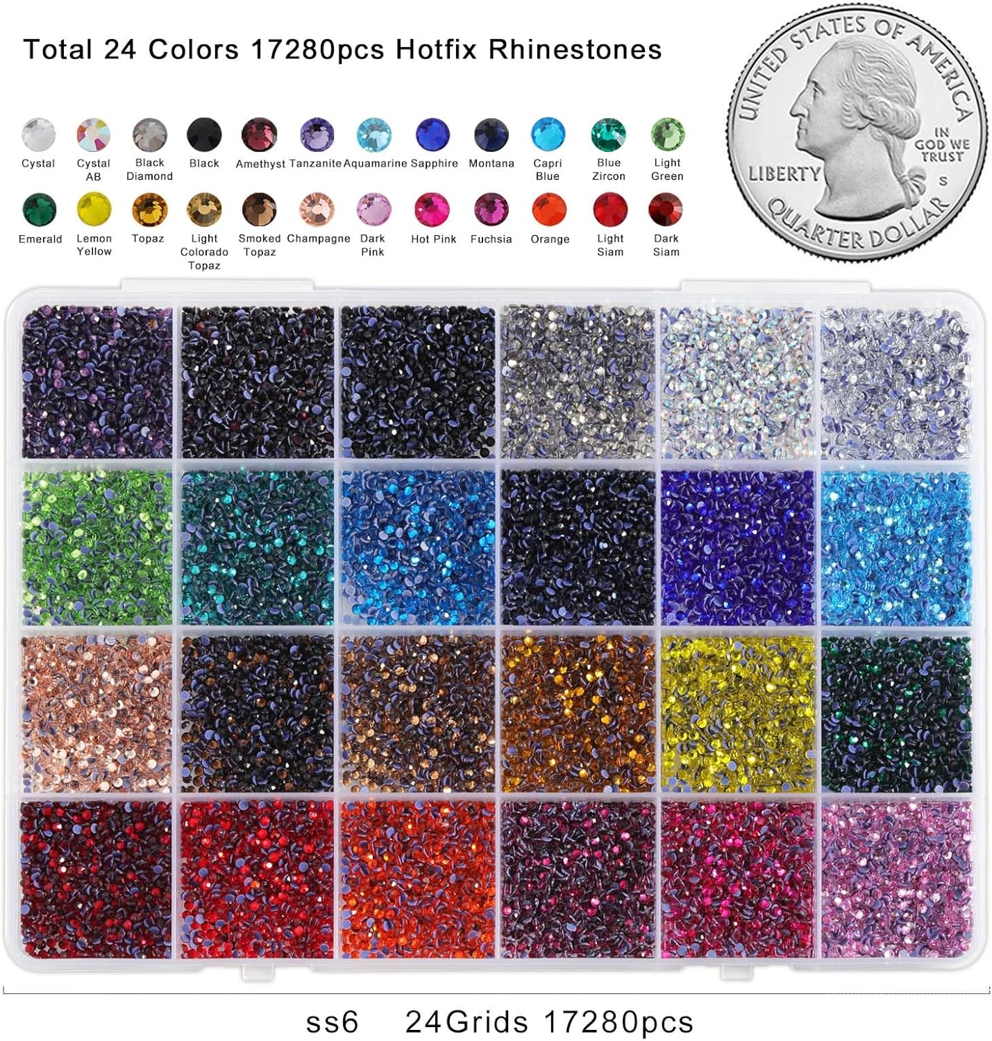 Hotfix Rhinestones Mixed 24 Colors, SS6 Rhinestones for Crafts Clothes, Hotfix Crystals with 1 Tweezers, 1 Wax Pencil and 1 Spoon