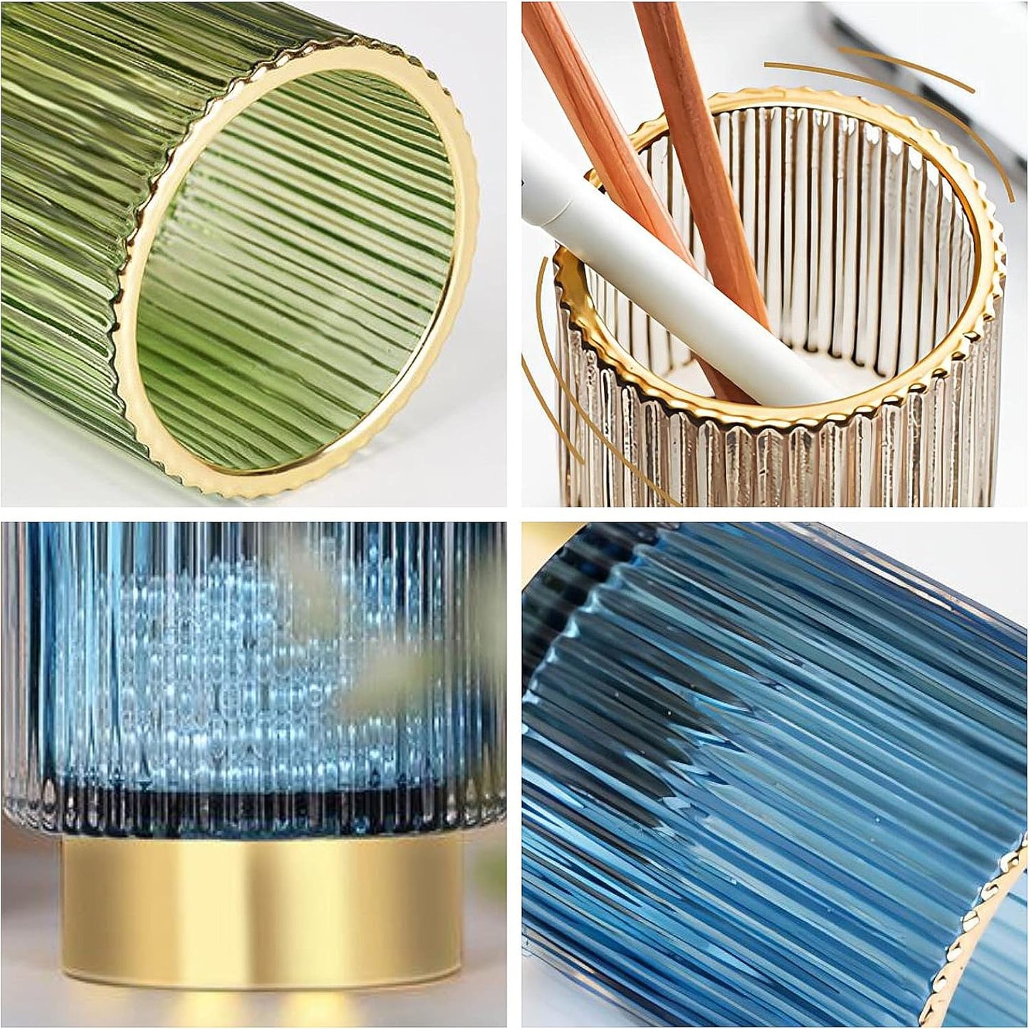 DASITON Makeup Brush holder Organizer,Crystal Cosmetic Makeup Brush Glass Brushes Storage Holder, Vintage Make Up Brush Cup Pen Pencil Holder striped vase(Blue S)