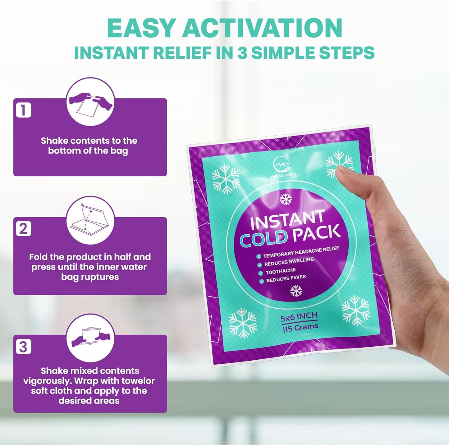 Disposable Instant Ice Cold Packs (6” x 5”) Bulk 50 Pack | Cold Compress Ice Pack for Pain Relief, First Aid & Outdoor