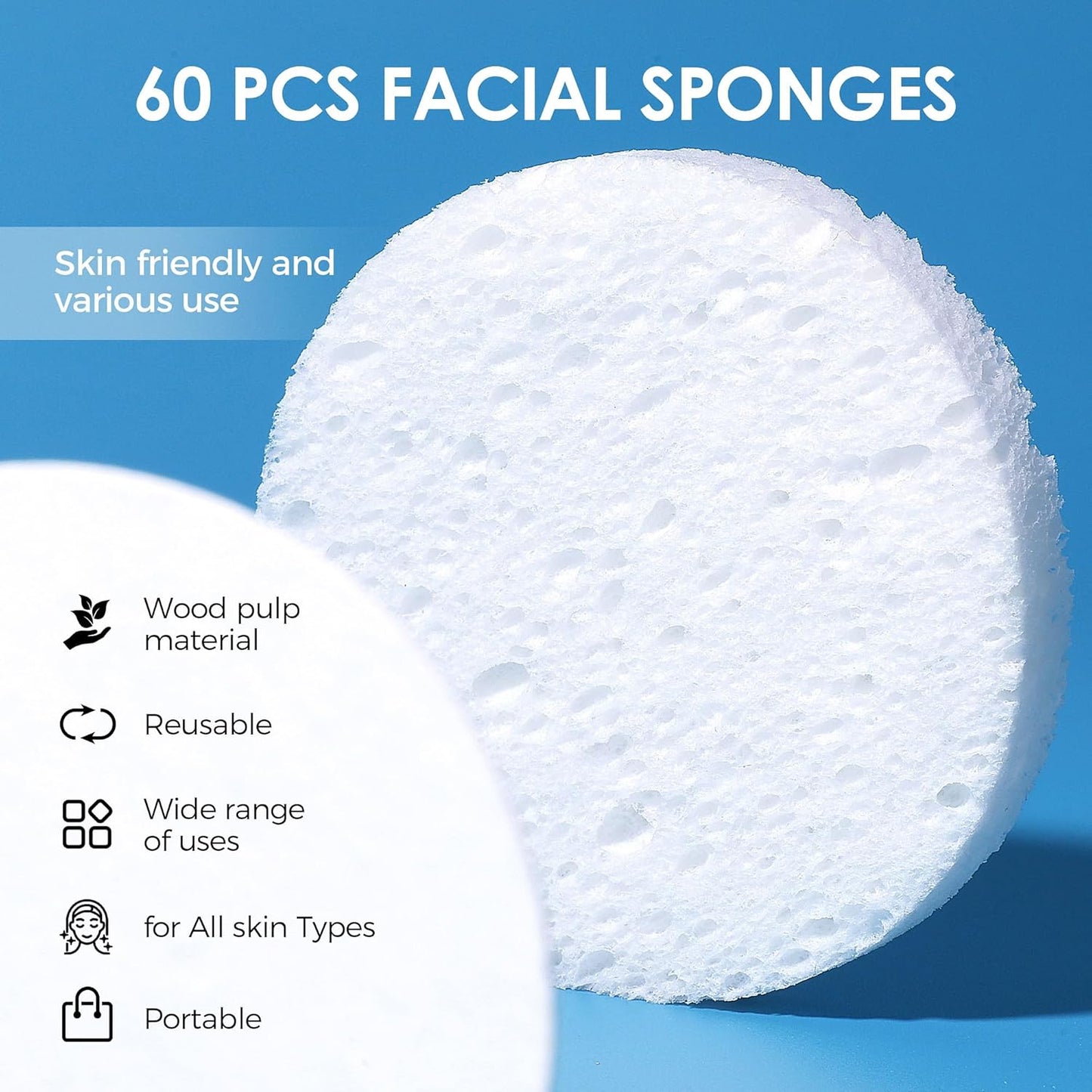 60-Count Compressed Face Sponges for Cleansing, Reusable White Natural Cellulose Travel Essentials Facial Sponge, Women Washing Face Pads for Make Up Remover, Exfoliating, Spa, Skin Care