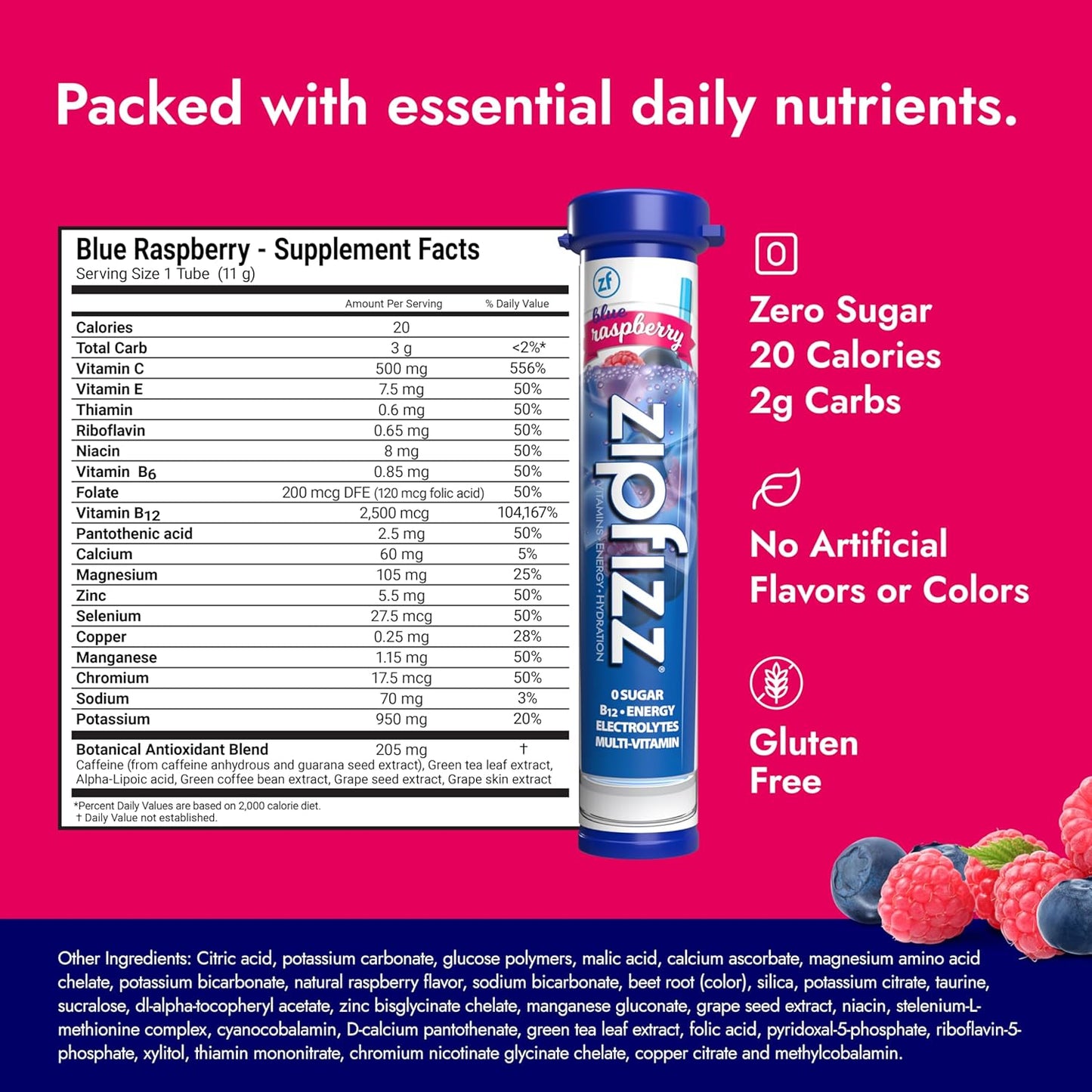 Zipfizz Daily Energy Drink Powder, Blue Raspberry, 20 Pack | 3-in-1 Sustained Energy, Rapid Hydration, and Essential Vitamins | Sugar-Free | Electrolyte Powder | Contains Vitamin B-12 & Antioxidants