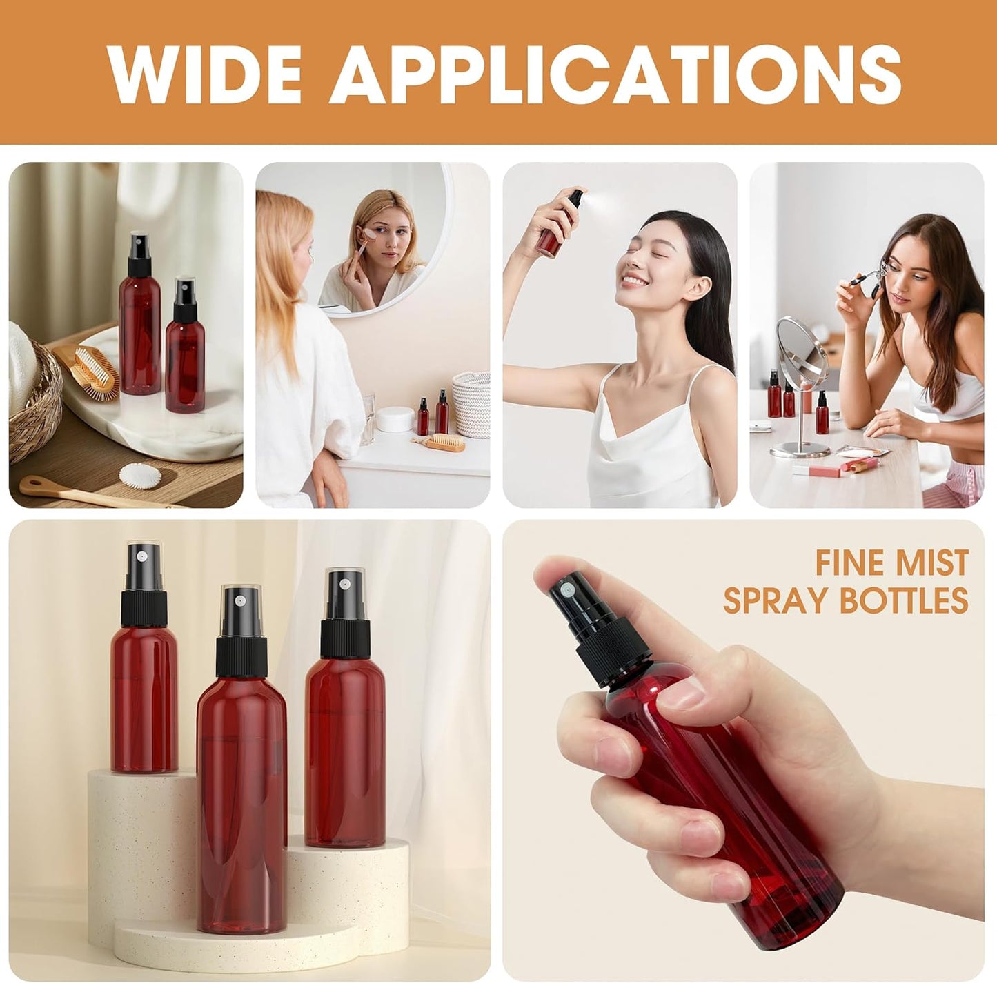 100Pack Small Spray Bottles 2oz, 60ml Travel Spray Bottle Bulk Black Fine Mist Sprayer, Empty Refillable Containers Portable Cosmetic Plastic Spray Bottles for Cleaning, Misting & Skin Care-Brown
