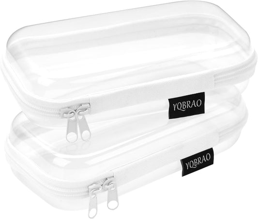 Set of 2 - Hard Sided Clear Zipper Case for Storage - Professional-Grade Plastic Hard Shell Zippered Organizers, Cosmetic Bag, Snack Bins