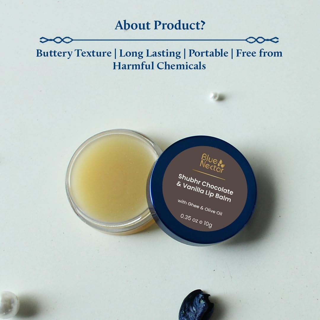 Blue Nectar Natural Lip Balm Chocolate & Vanilla with Organic Ghee for Dry Lips | Herbal Ayurvedic Hydrating Lip Gloss for Women (0.35 oz, 12 Herbs)