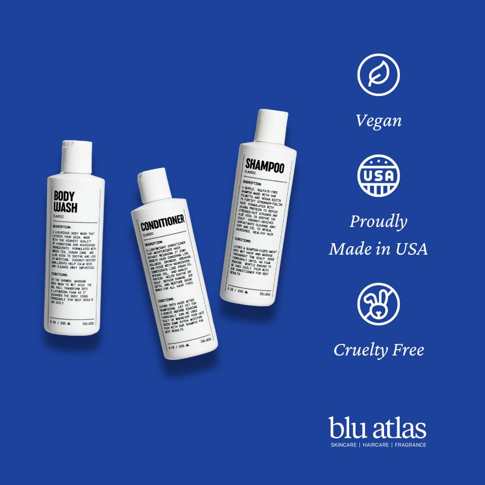 Blu Atlas Men's Natural Shampoo – Organic, Sulfate-Free, Paraben-Free – Deep Cleansing & Hydrating – Classic Scent (Bergamot, Sage, Patchouli) – Made in America– 8 oz