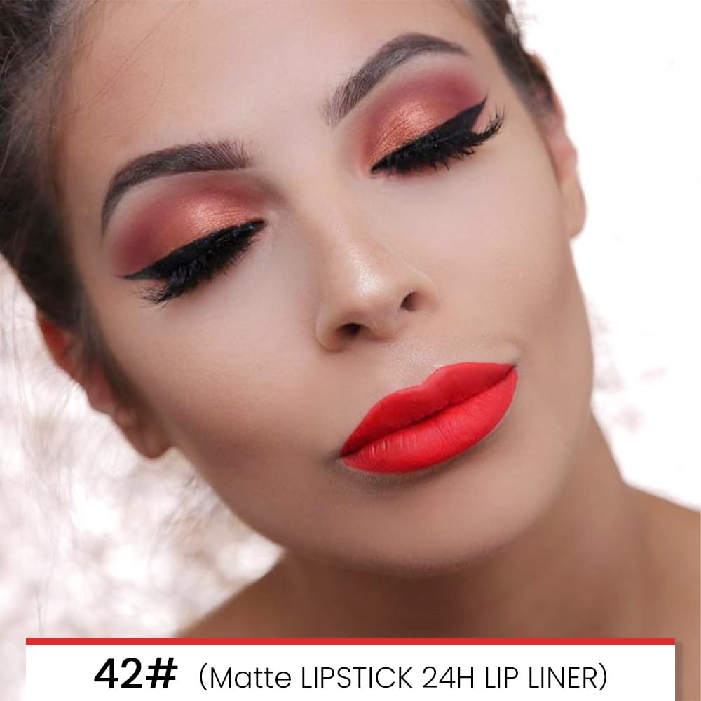 evpct 1Pcs Red Velvet Matte Lip Liner and Lipstick Combo Set Kit for Women, Fire Orange British Red Magic 24 Hours Lipstick and Lip Liner Stain Makeup Set Long Lasting Waterproof 24 labial, 42#