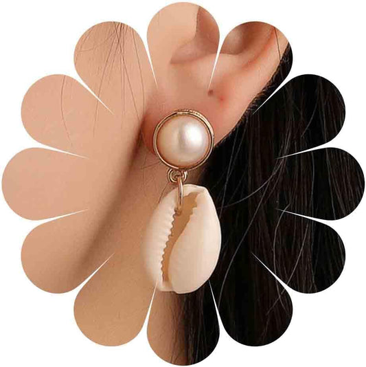 Vintage Pearl Shell Drop Earrings Gold Pearl Stud Earrings Cowrie Shell Dangle Earrings Natural Seashell Earrings Jewelry for Women