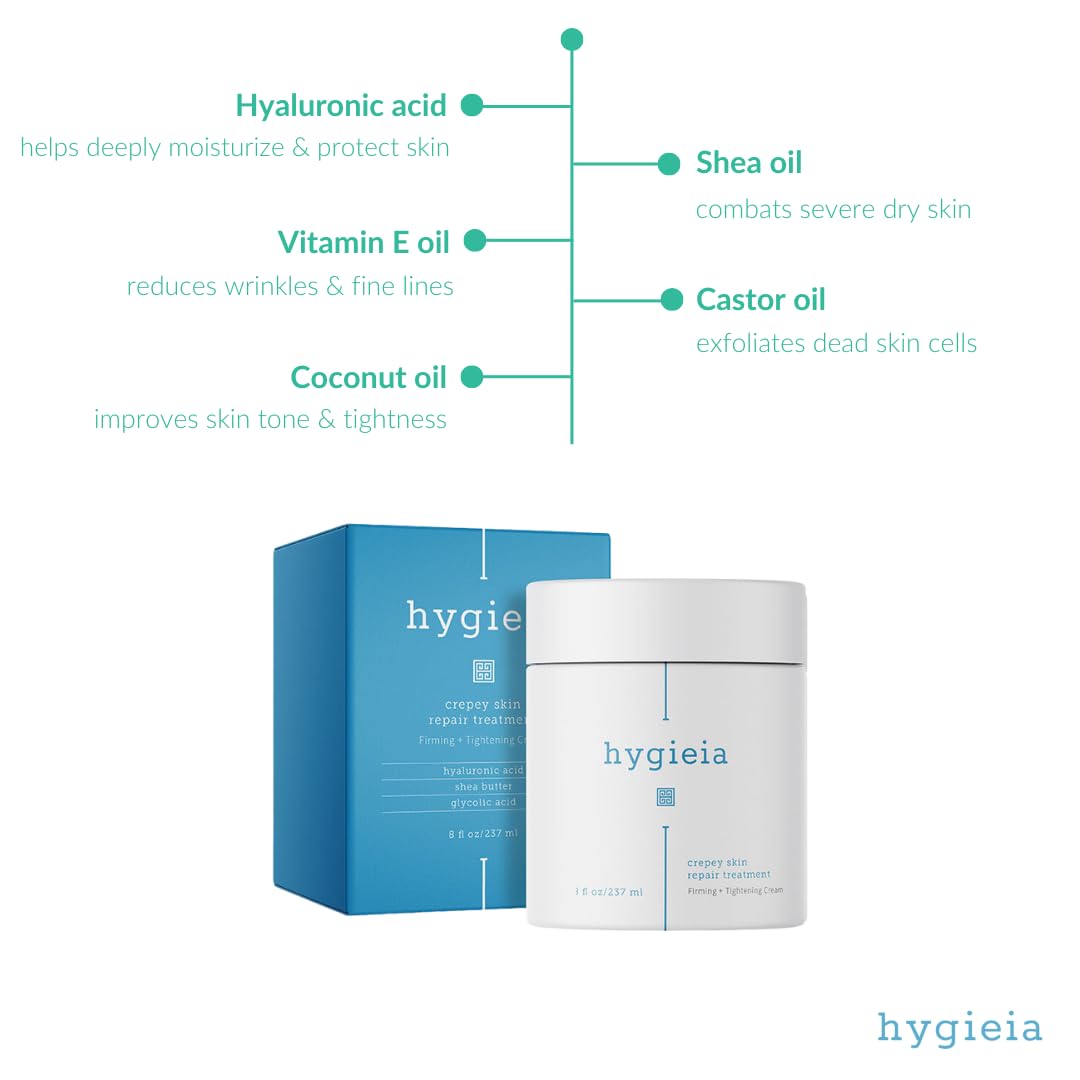 Hygieia + Crepey Skin Full Body Moisturizing & Firming Cream – Tighten & Smooth Crepey Skin - Anti-Aging Moisturizer with Hyaluronic Acid, AHAs & Natural Oils to Rejuvenate, Soften & Hydrate, 8oz