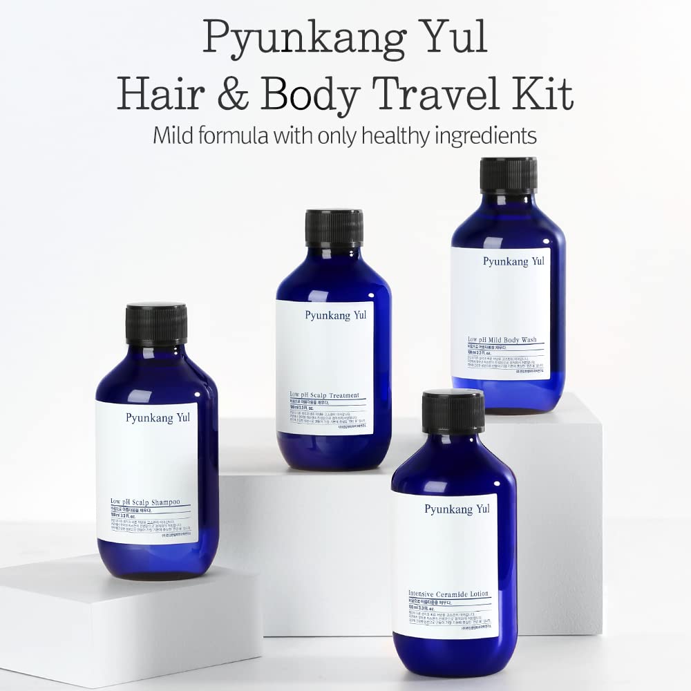 PYUNKANG YUL Hair&Body Travel Kit | Shampoo, Conditioner, Body Wash, Lotion, Spa Kit, 4 items | Low pH, Moisturizing, Soothing, Refreshing, Fragrance Free | Korean Skin Care | 3.38 Fl.Oz. x 4ea