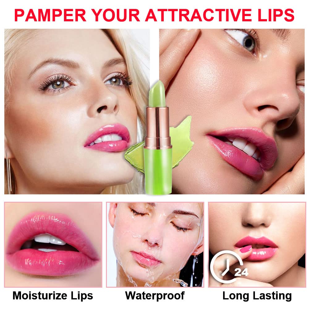 2Pcs Aloe Vera Lip Color Changing Lipstick Lip Balm Set, Green Magic PH Lipstick Color Change Changing Crystal Flower Jelly Lipstick Tinted Lip Balm Gloss Stain Makeup Set for Women Girls Waterproof