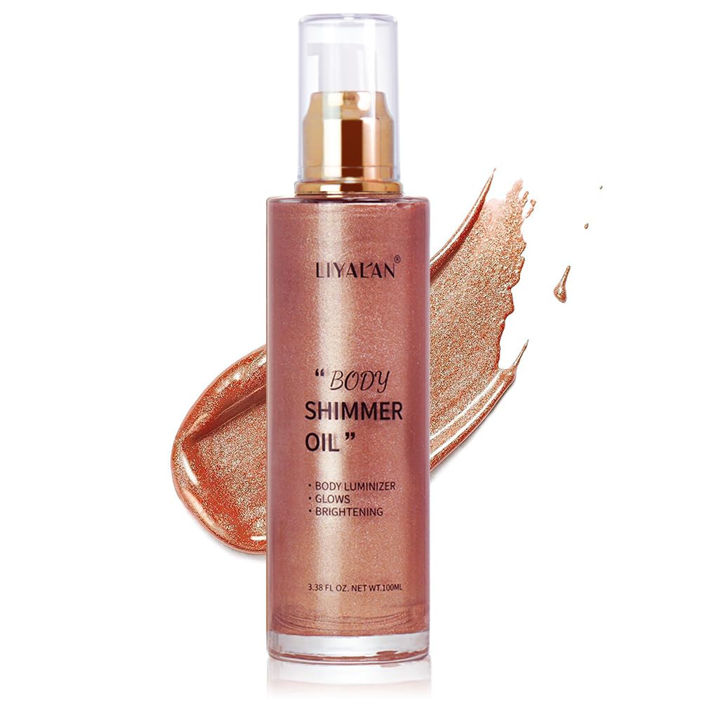 Liyalan Shimmer Body Oil Rose Gold 5 Color Bronze Face Glow Pearl Highlighter Illuminator body Makeup Shine Glitter Gold Liquid Taning(3.38 Fl Oz/05)