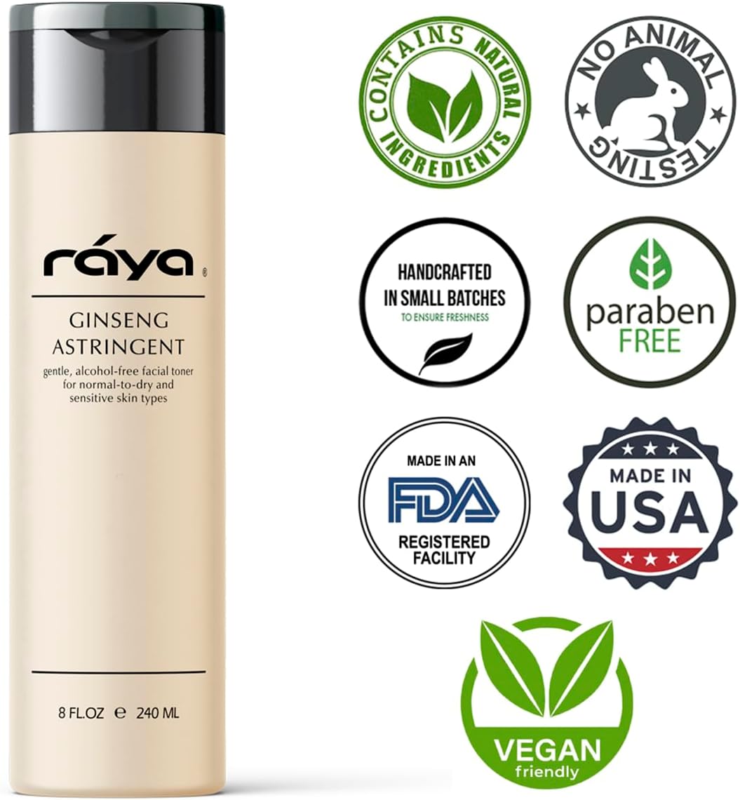 RAYA Ginseng Astringent with AHA 6 oz (G-205) | Gentle Glycolic Facial Toner for Dry and Sensitive Skin | Helps Tighten Pores, Smooth Complexion, and Reduce Fine Lines | Made with Alpha Hydroxy Acids