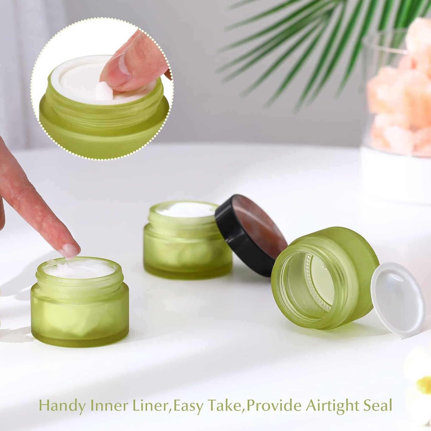 Domensi 100 Pcs 1 oz Glass Jars with Lids Bulk Round Glass Cosmetic Jars Lids 1 oz Small Travel Containers with Inner Liner for Lotions Powders Ointments Sample Cream(Bean Green,Black)