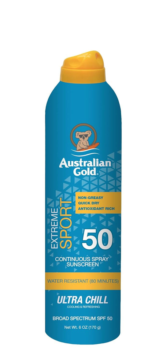 Australian Gold Extreme Sport Continuous Spray Sunscreen SPF 50 (Broad Spectrum/Sweat & Water Resistant/Non-Greasy), Sport - New, Coastal Breeze, 6 Oz 5.6 Ounce (Pack of 1) SPF 50 - Spray