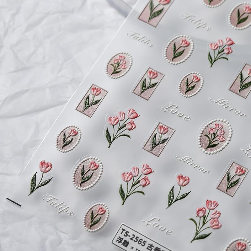 Flower Nail Stickers 5D Embossed Nail Art Stickers Decals Self-Adhesive Pink Tulips Floral Nail Supplies Spring Nail Art Design Decoration Accessories