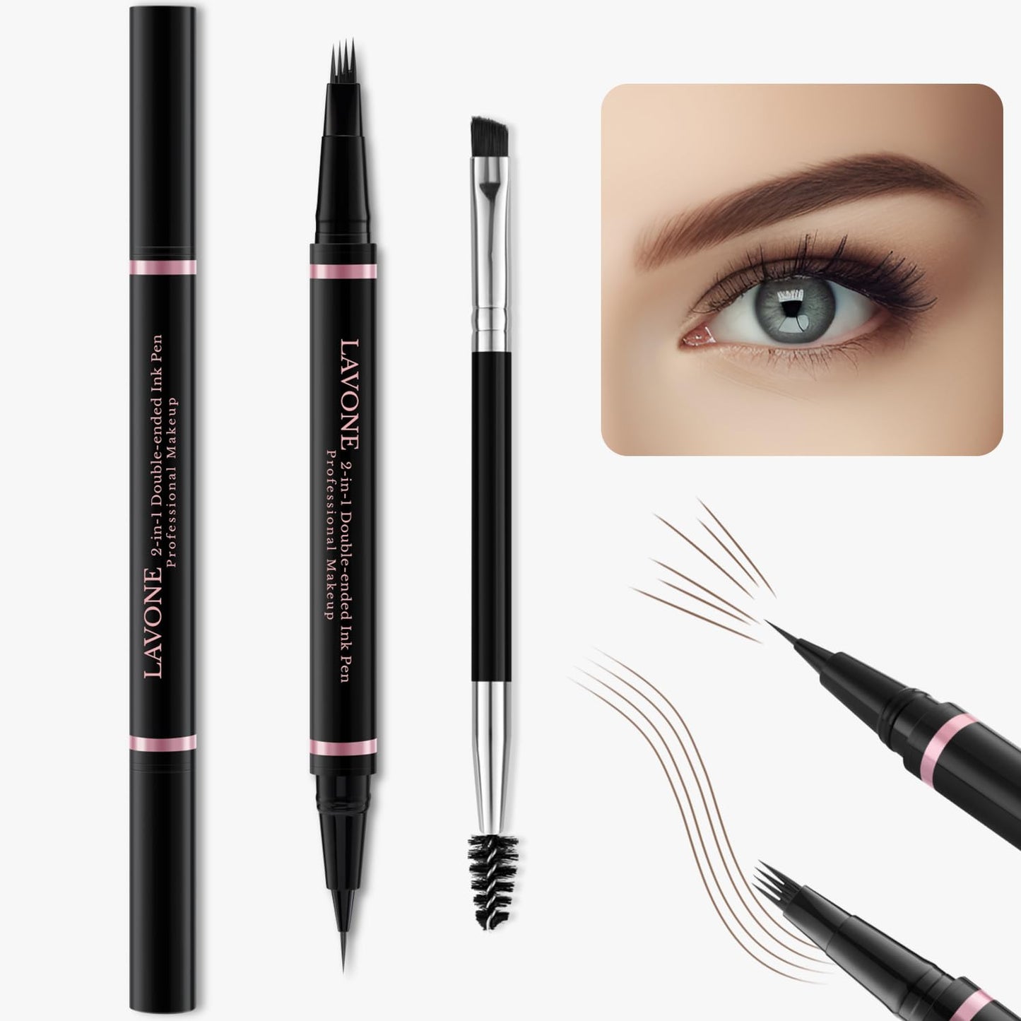 LAVONE Eyebrow Pencil Makeup Kit, with Waterproof 2-IN-1 Microblading Eyebrow Pen, Eyebrow Pomade, Eyeliner and Dual-ended Eyebrow Brush, Brow Pencil Kit for Natural Eyebrows - Dark Brown