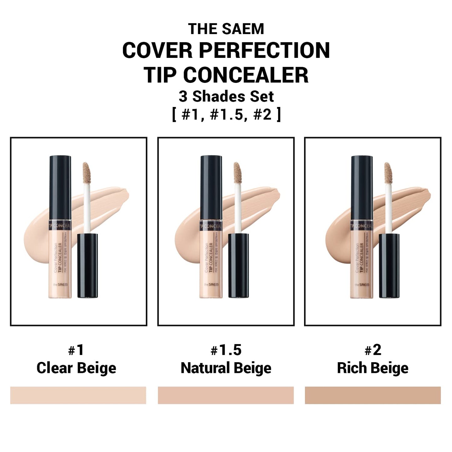 THE SAEM Cover Perfection Tip Concealer 3 Color Set, Liquid Multi-Use Concealer, Full Coverage Makeup for Acne Dark Spots Dark Circles Hyperpigmentation and Blemishes, 0.2 fl.oz. (#1, #1.5, #2)