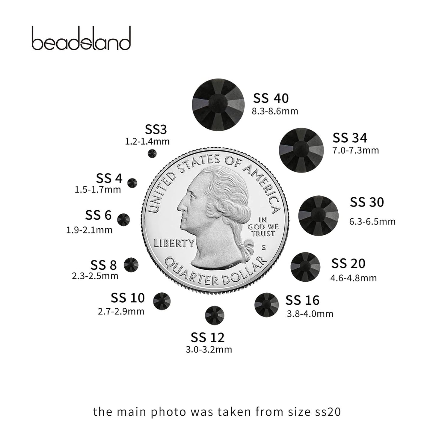 beadsland Flat Back Crystal Rhinestones Round Gems, Black (2.3-2.5mm) SS8/1440pcs