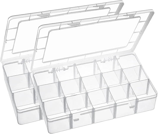 15 Large Grids Plastic Organizer Box with Dividers, 2 Pack Clear Compartment Container Storage for Washi Tapes Beads Crafts Jewelry Fishing Tackles, Size 11 x 6.3 x 2.2 in