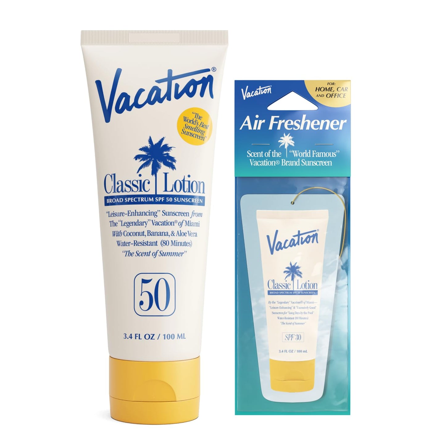 Vacation Classic Sunscreen Lotion SPF 50 & Air Freshener Bundle, Water-Resistant, Lightweight, Transparent on All Skin Tones, Dermatologist-Tested, Vegan, Travel Size, 3.4 Fl. Oz.
