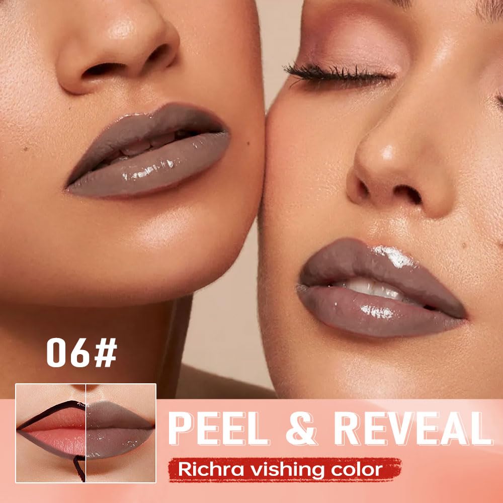 Cool Taupe Peel Off Lip Gloss Masque , Lip Stain Peel Off Tattoo-Peel Off Lip Tint and Lip Oil 2-in-1,Long Lasting Waterproof Transfer-proof Lip Mask Lip Gloss Peel Off Lip Liner,for All Skin Type 06#
