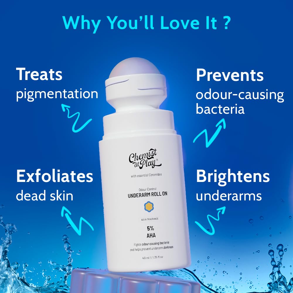 UnderArm Roll-On with 5% AHA| Lactic & Mandelic Acid|Prevents Odour, Brightens Skin & Exfoliates Underarm | For Sensitive Skin | Aqua Fragrance | Alcohol & Aluminium Free | 1.35 fl oz