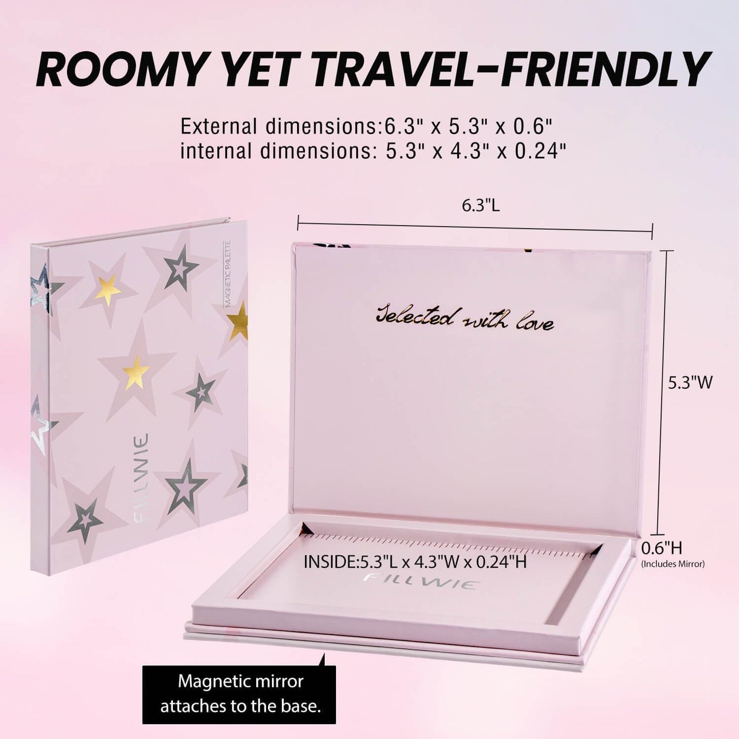 Magnetic Empty Makeup Palette with Mirror – Customizable Refillable Case for Eyeshadow, Blush, Lipstick, Highlighter – Lightweight, Waterproof, with Spatula & 20 Metal Stickers (Pink, Medium)