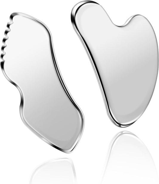 MoHern 2 Pcs Stainless Steel Gua Sha Tool, Gua Sha Facial Tools, Durable GuaSha Tool for Jawline Sculpting, Face Massager, Puffiness Reducing, Skin-Care Gift