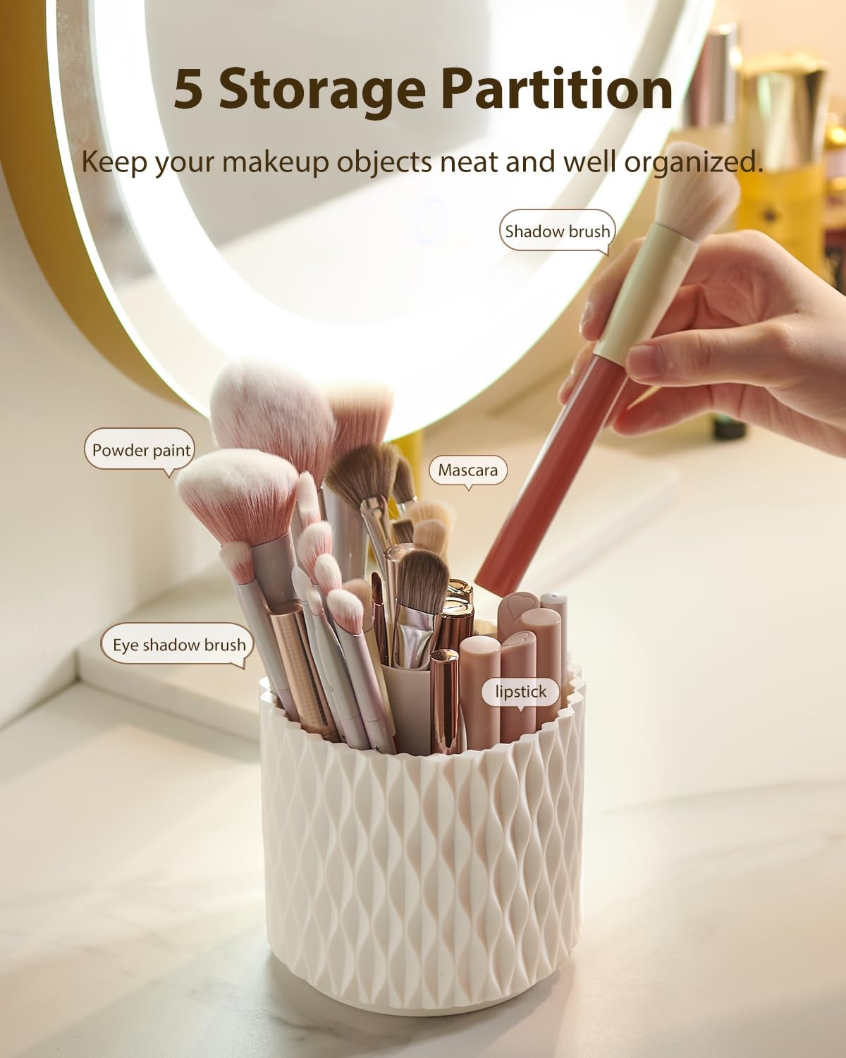 [Upgrade] Rotating Makeup Brush Holder, [Large Capacity] 5 Slot Cosmetics Make up Brush Organizer Storage for Dresser, Countertop, Vanity & Bathroom